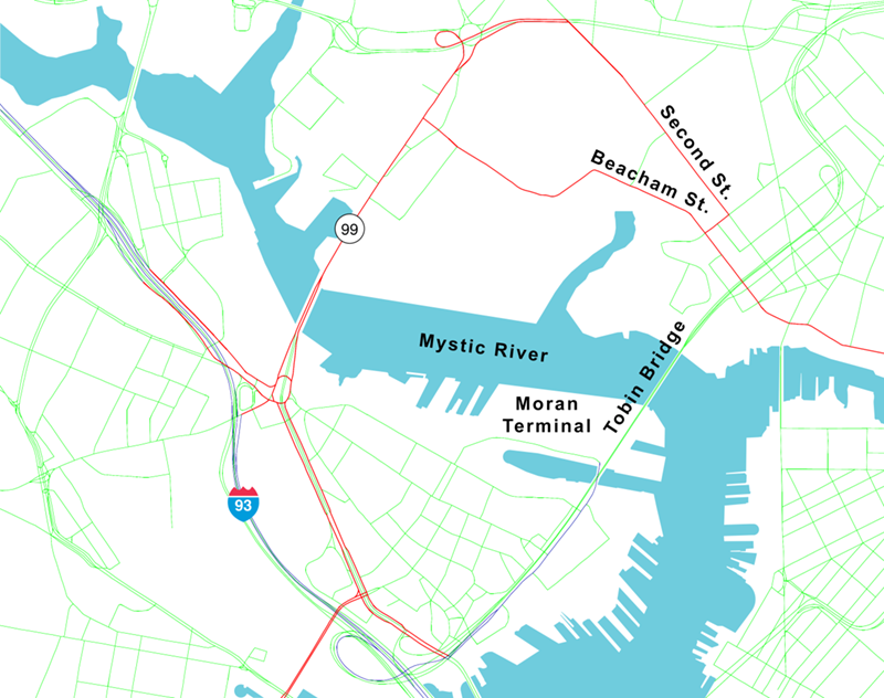 Figure 1 is a map of Everett, Charlestown and parts of Chelsea. The Tobin Bridge, the Moran Terminal, Second Street and Beacham Street have been highlighted as CUFCs Figure 1 is a map of Everett, Charlestown and parts of Chelsea. The Tobin Bridge, the Moran Terminal, Second Street and Beacham Street have been highlighted as CUFCs